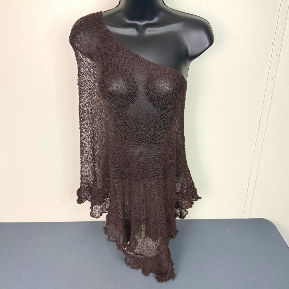 Shu-Shi Poncho Womens OS One Shoulder Mesh Knit Ruffle Brown Top
